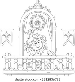 Little princess in a golden crown with her toy unicorn on a balcony of a royal palace, black and white outline vector cartoon illustration for a coloring book