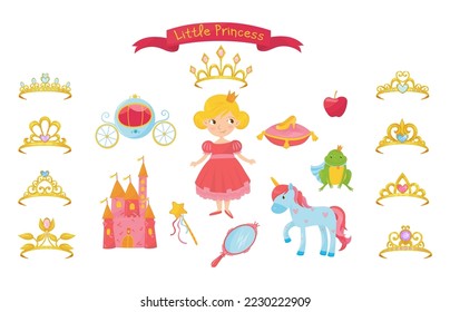 Little Princess with Golden Crown and Unicorn with Twisted Horn Big Vector Set