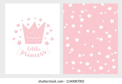  Princesa Pequeña. Ilustración de vectores de ducha de bebé dibujados a mano para tarjeta, invitación, textil, papel de envolver.Corona rosa, estrellas y letras sobre un fondo blanco. Patrón de estrellas blancas en un fondo rosado. 