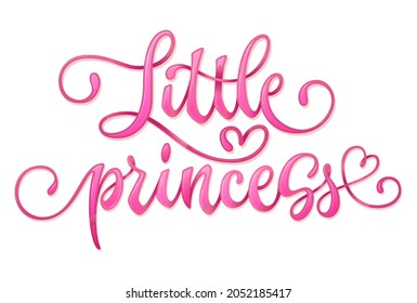 Little princess - hand drawn modern calligraphy baby shower lettering logo phrase. Glossy pink effect, heart fluorishes. Design element for baby shower, birthday party, tshirt, prints, posters etc.