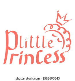 Little Princess hand lettering. Curly-haired girl sleeps in a crown . Cute vector illustration on white background.