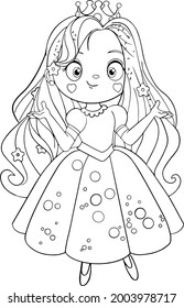 A little princess in a hand-drawn style on a white background. Vector drawing by hand.Funny cartoon character.