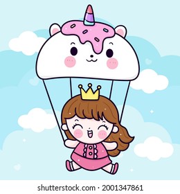 Little princess happy with Painting Unicorn balloon party flat pony cartoon on sky fairy kawaii illustration: Series fairytale baby pastel color(Girly girl) Cute vector birthday invitation Fantasy.