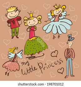 little Princess and her retinue hand drawing vector illustration