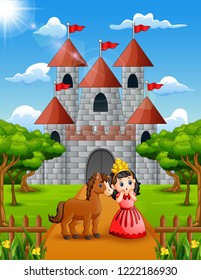 Little princess and horse standing in front of the castle