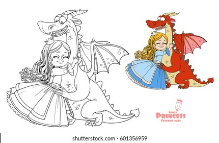 Little princess hugs dragon color and outlined picture for coloring book on white background