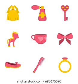 Little princess icon set. Flat style set of 9 little princess vector icons for web isolated on white background