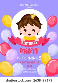 Little princess. Invitation for birthday of girl with dark hair. Invitation for princess. Purple background