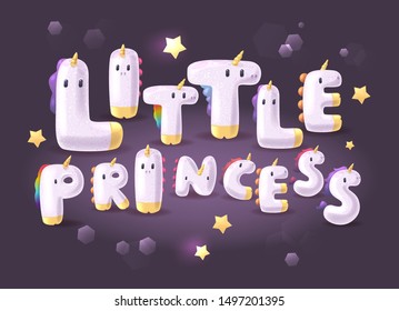 Little princess. Kawaii unicorn letters on a dark background. Greeting card for girls