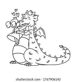 Little princess kisses a dragon in the nose. Fairy tale children illustration. Happy Valentine's day Card. Outline black and white art for coloring page.