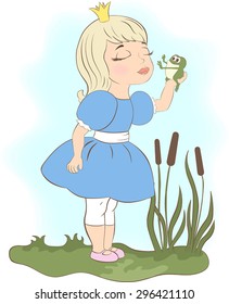 Little Princess kissing a frog, hoping for a prince.  Frog is frightened.