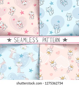 Little princess - kitty seamless pattern. Hand draw