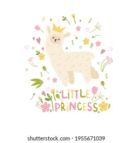 Little Princess lama. A lama with a crown. Holiday decoration for girls with flowers and leaves, hearts. Cute print on clothes, dishes for girls with animals. Children's birthday print.