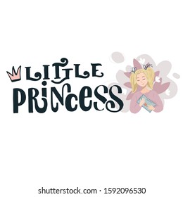 Little Princess lettering typography poster. Handdrawn girl with heart and flowers.  For baby shower, greeting for newborn, design for children clothing. Textured background. Vector illustration.