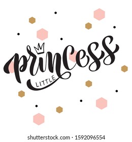Little Princess lettering typography poster. For baby shower, greeting for newborn, design for children clothing. Golden and pink background. Vector illustration.