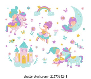 Little princess life. Cute princesses and castle, rainbow and moon. Cartoon fairy tale characters with unicorns. Magic t-shirt print, nowaday kids vector set