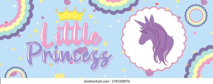 Little princess logo with cute unicorn head silhouette on blue background illustration