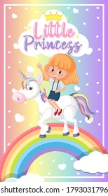 Little princess logo with girl riding on cute unicorn on rainbow pastel background illustration