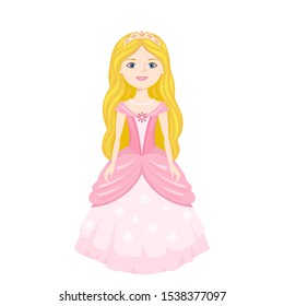 Little princess with long golden hair, crown and pink dress. Beautiful cute blonde girl isolated on white background. Vector illustration of kid character in cartoon simple flat style.