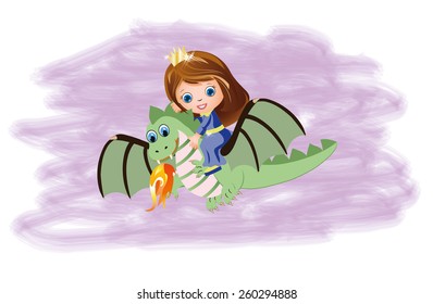 Little princess and magic dragon, vector illustration