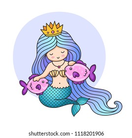 Little princess mermaid with long blue hair and crown, sitting on the seabed with two fish. Cute cartoon character. Colorful illustration for print, poster, greeting card, postcard, invitation.