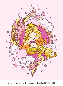 Little princess mermaid with long golden hair. Siren, surrounded by pink seaweed, clouds and starfish, fish. Vector illustration.