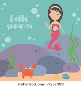 Little princess mermaid waving hello summer in the  underwater bubble world illustration. Flat design sealife landscape vector.