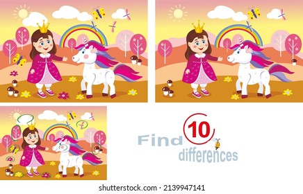 The little princess met a Unicorn in the fairy forest. Find ten differences. Children's educational game.