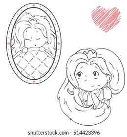 little princess outline vector illustration. cartoon sleeping beauty character isolated on white background. children's illustration of little girl