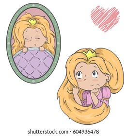 little princess outline vector illustration. cartoon sleeping beauty character isolated on white background. children's illustration of little girl. game character design.