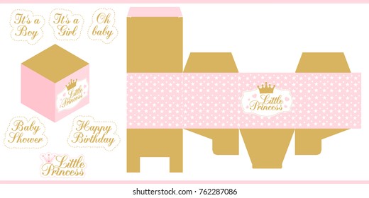 Little princess party printable template (baby shower, birthday) Die paper box. Print and cut. Gold and pink royal vector packing for sweet (candy) table. Favors gift box mockup. Cube shape package