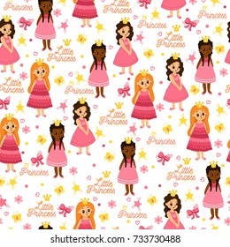 Little princess pattern. Hand drawn background with cute girls, bows, butterfly, crown,  flowers and hearts. Funny children.