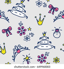 Little princess pattern vector. Sweet girl background for template birthday card, baby shower invitation, girls wallpaper and fabric. Print withBow, crown, flowers, pillows, slipper and magic wand.