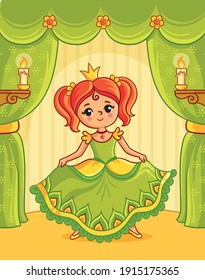 The little princess is performing on stage in a beautiful green dress. Vector illustration in cartoon style.