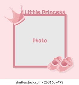 Little princess photo frame with pink flat illustrations for birthday party or baby shower, decorated with cute baby and royal elements