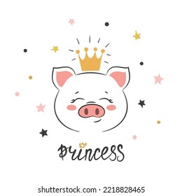 Little princess pig vector illustration. Cute piggy with crown. Baby print