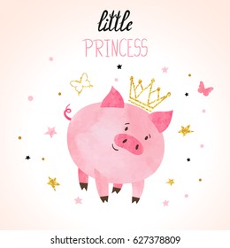 Little princess pig vector illustration. Cute watercolor piggy.