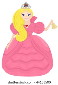 Little princess in pink dress rings in handbell. Fairy vector illustration isolated