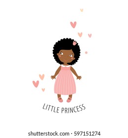 Little princess in a pink dress. Vector little girl. Cute face. Child. doll. African American girl