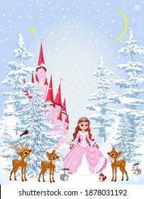 Little princess in a pink dress in the winter forest. Princess with animals on the background of a castle and a snowy forest. Winter snowy night.