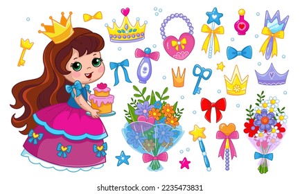 A little princess in a pink fluffy dress is holding a cake. Set of accessories, bags, crown, bouquet of flowers, beads, jewelry, perfume, cosmetics, mirror. Isolate vector illustration