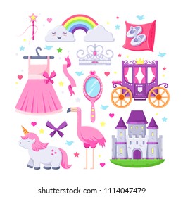 Little princess pink icons set. Vector illustration of unicorn, castle, crown, flamingo, girls dress, rainbow and carriage.