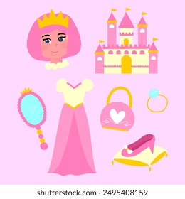 Little princess pink icons set. Vector illustration of castle, crown, bag, girls dress, ring and mirror.