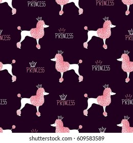 Little princess poodle pattern in pink and purple colors. Seamless vector background with cute dogs for kids design.