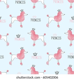 Little princess poodle pattern. Seamless vector background with cute dogs for kids design. 