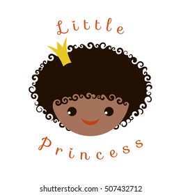 Little Princess Portrait of curly Afro-American smiling girl with a crown on her head. Vector image isolated on white background for girlish design.