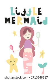 Little Princess poster for nursery with cute mermaid and starfish. Vector Illustration. Kids illustration for baby clothes, greeting card, wrapping paper. Lettering Little Mermaid.