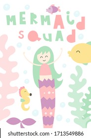 Little Princess poster for nursery with cute mermaid, seahorse and funny fish. Vector Illustration. Kids illustration for baby clothes, greeting card, wrapping paper. Lettering Mermaid squad.