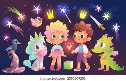 Pequeña princesa y personajes de príncipe y objetos mágicos para la historia de los niños. Niños y animales de cuento de hadas como dragón y unicornio. Gráficos brillantes coloridos del arte del Clip del cuento de hadas del Vector en oscuro para los niños