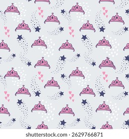 Pequena impressão princesa. padrão sem costura com coroas e estrelas rosa. Ornamento feminino bonito para moda têxtil, roupa infantil, papel de embrulho